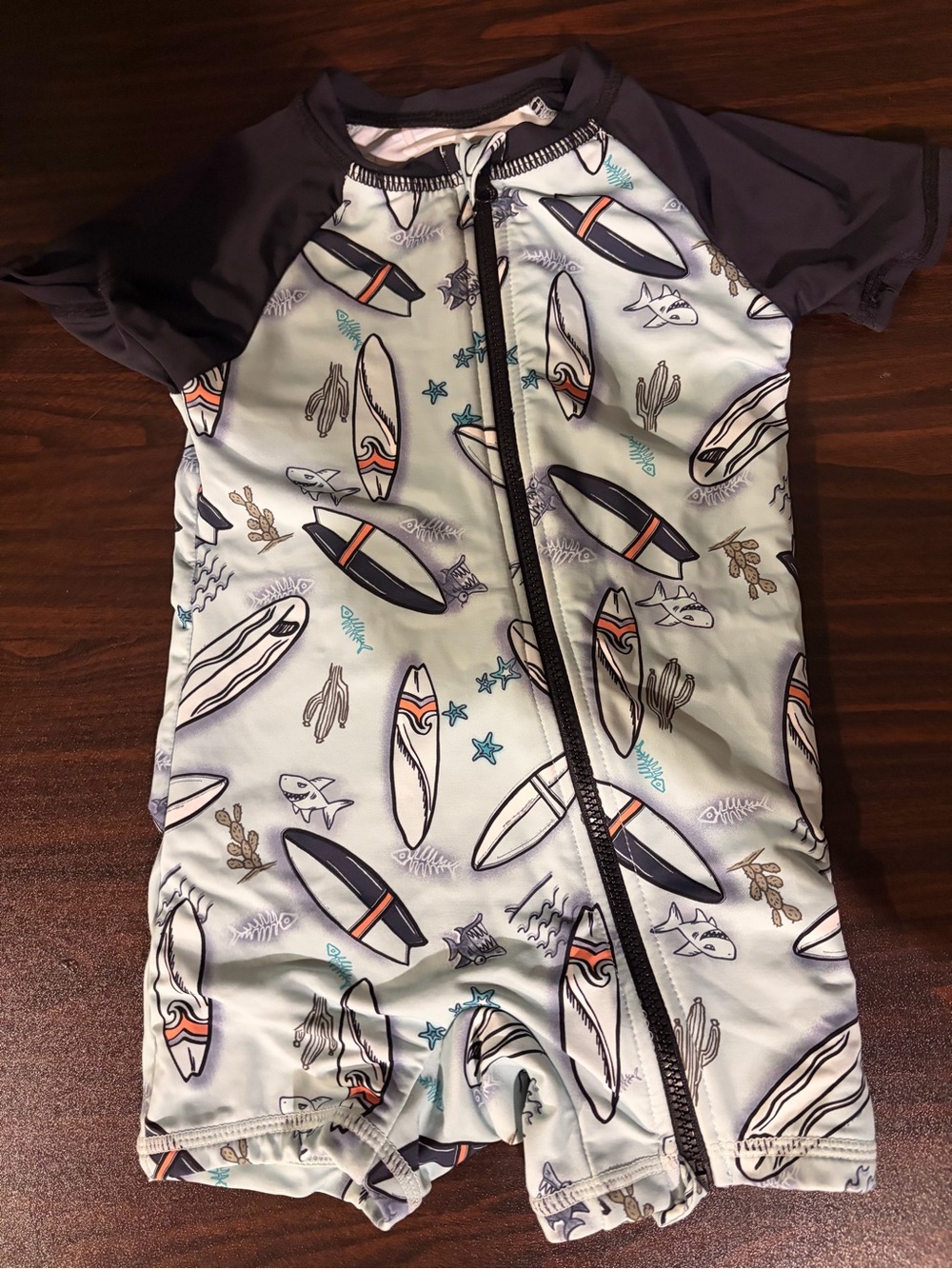 Kids Surf-Print Short Sleeve One-Piece Swimsuit - Light Blue